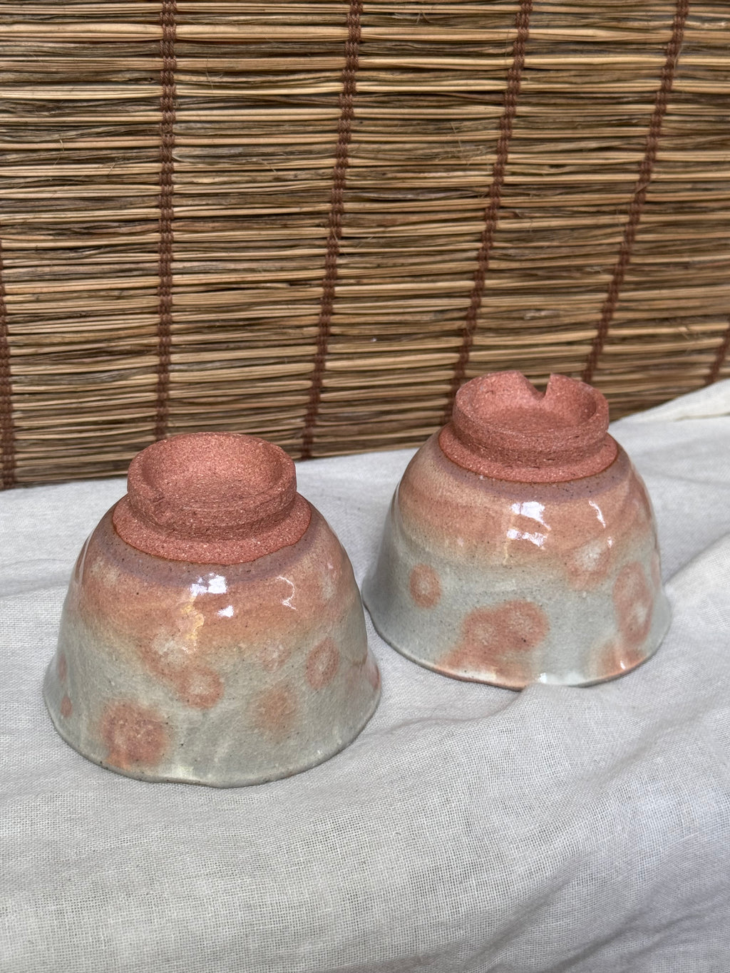Hagi-Style Yunomi Tea Cups, Pair — Spouted Rim, Twisted Footring with Ash-Spots