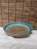 Stoneware Grater Plate (Oroshizara) — Turquoise Ash-Drip Glaze, Woven-Texture Unglazed Grating Surface