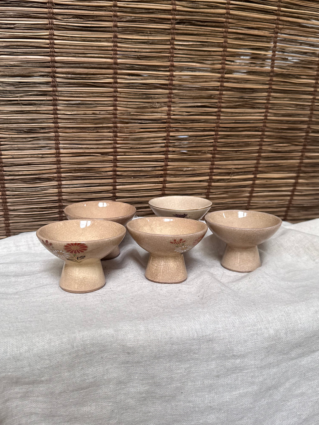Kutani Ware Footed Sake Cups & Stands, Set of 5 — Hand-Painted Chrysanthemum, Crackle Glaze