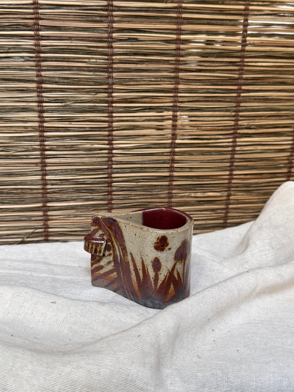 Japanese Futaoki (Lid & Ladle Rest) — Slab-Built, Iron-Painted Grasses, Copper-Red Glaze
