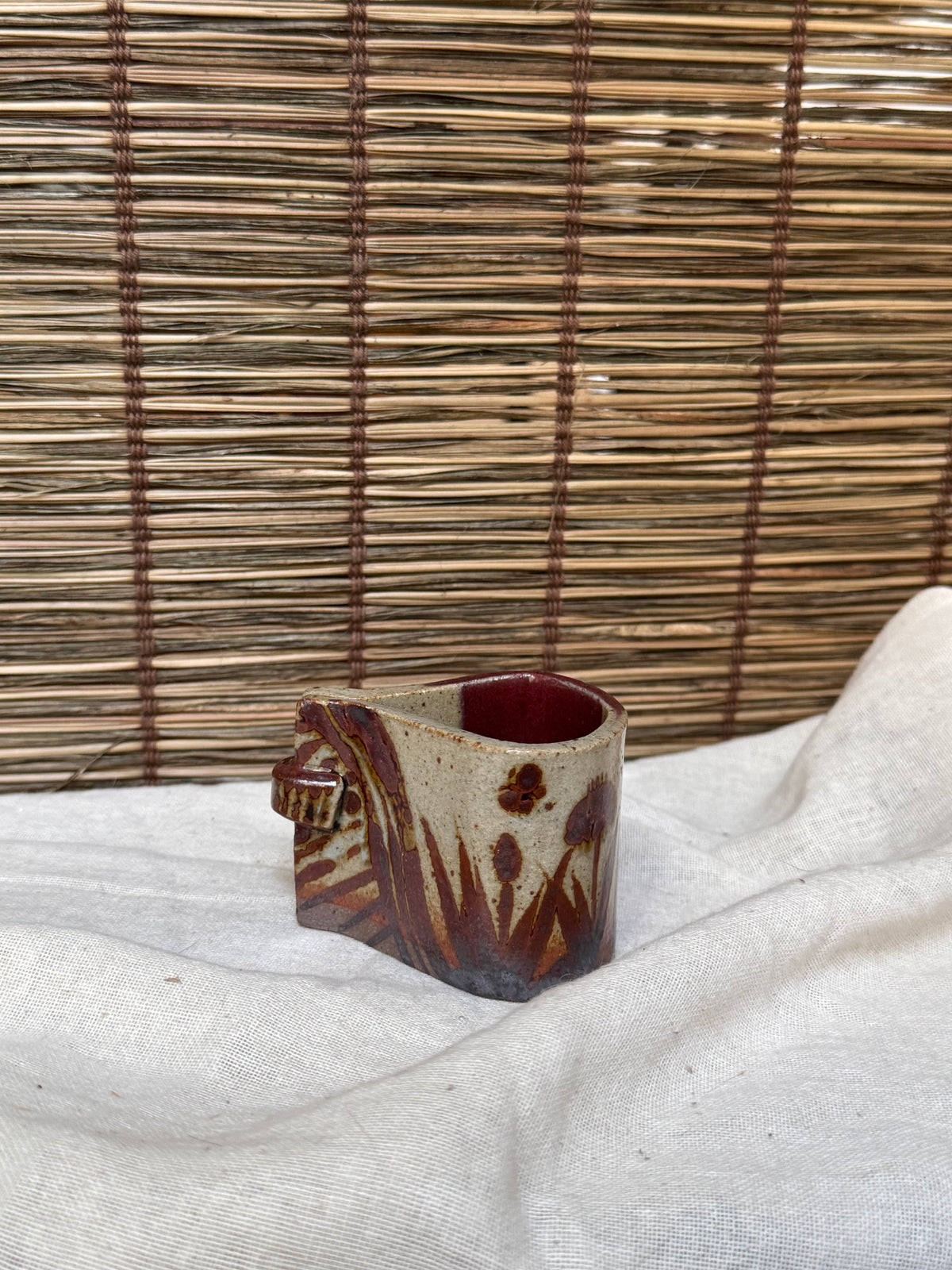 Japanese Futaoki (Lid & Ladle Rest) — Slab-Built, Iron-Painted Grasses, Copper-Red Glaze