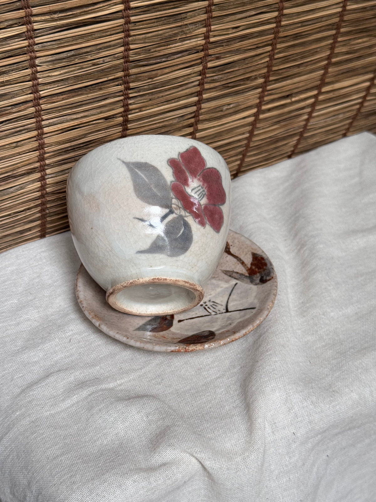 Kutani-Style Hand-Painted Camellia Teacup and Saucer Set, Crackle Glaze