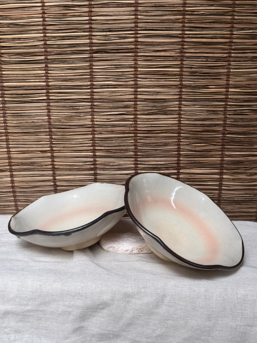 Kiyomizu Yaki Scalloped Bowls, Pair — Blush Pink Gradient Glaze, Iron-Rimmed Wave Edge