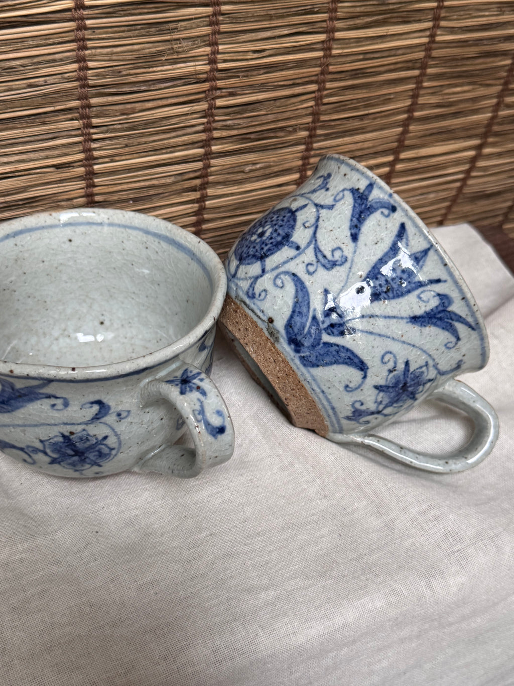 Japanese Blue and White Sometsuke Teacup Mugs, Hand-Painted Floral Design, Set of Two