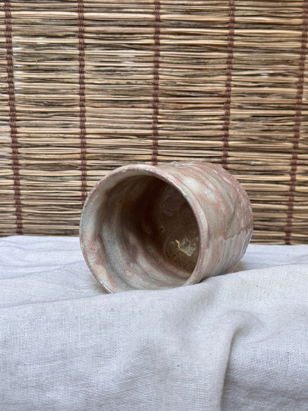 Hagi-yaki Blush Pink Ash Glaze Cup, Faceted Body, Unglazed Rim