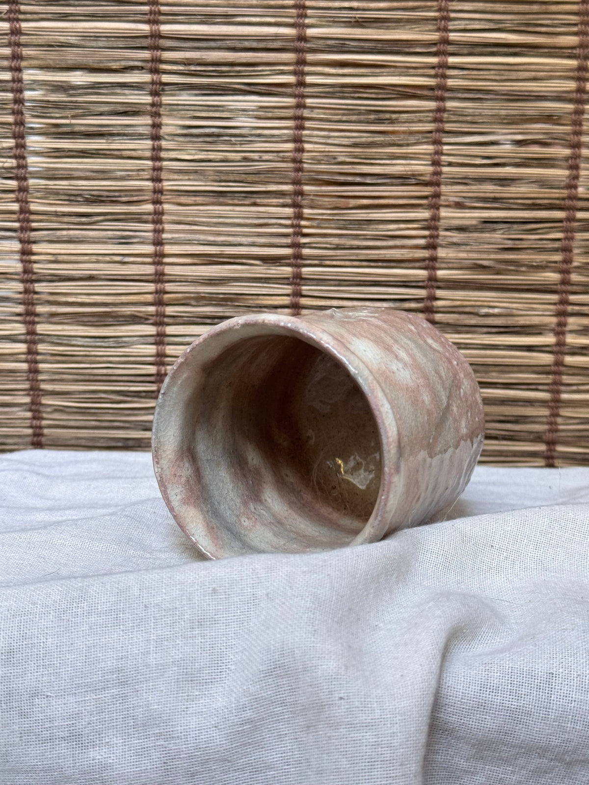 Hagi-yaki Blush Pink Ash Glaze Cup, Faceted Body, Unglazed Rim