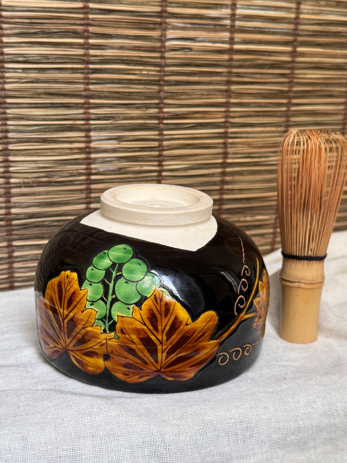Kuro-Ninsei Chawan — Grapevine Motif, Kyoto Ware, Wooden Box