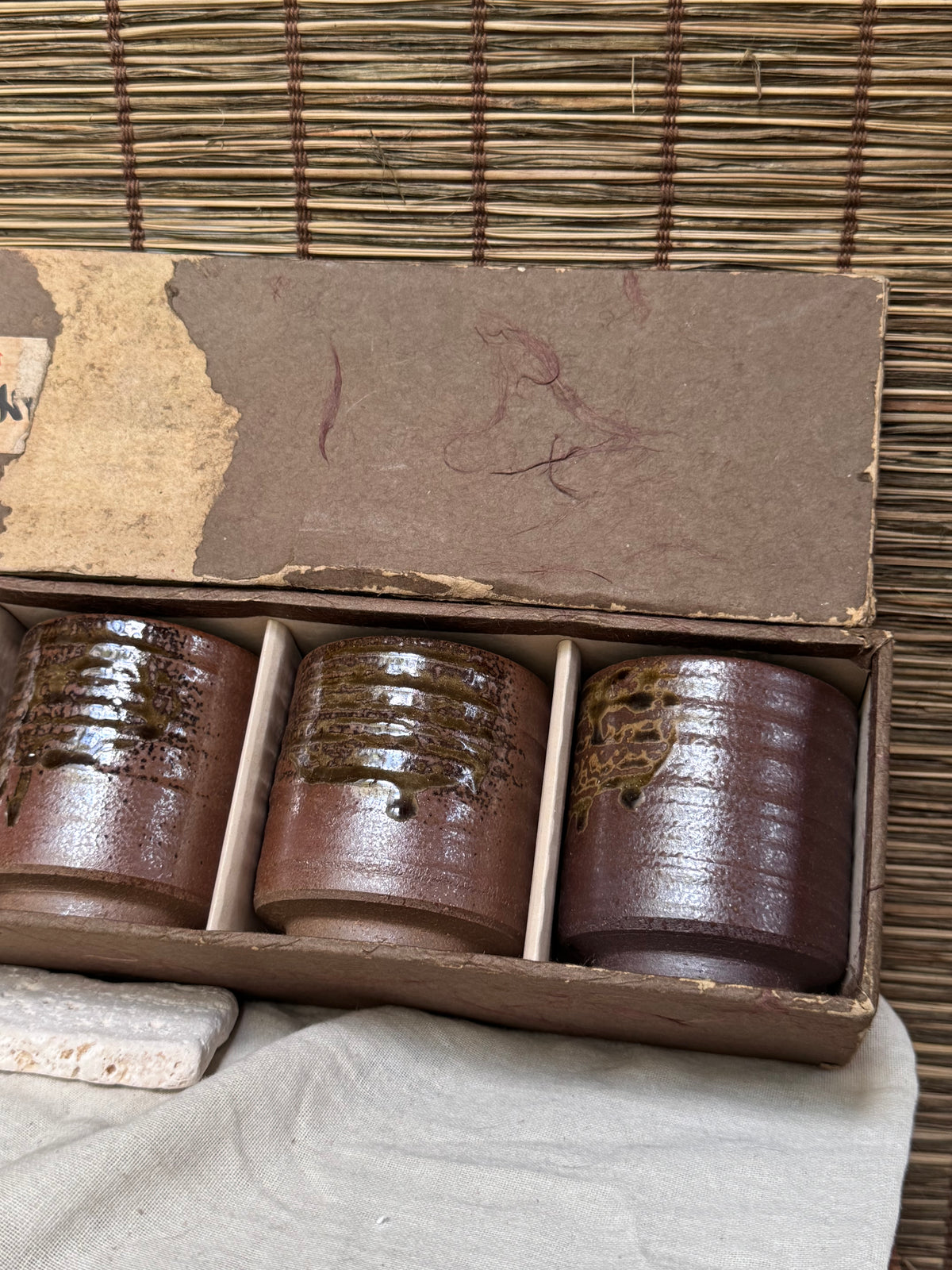Tamba Ware Teacups (Yunomi), Set of 5 — Olive Ash Glaze Drips, Original Box