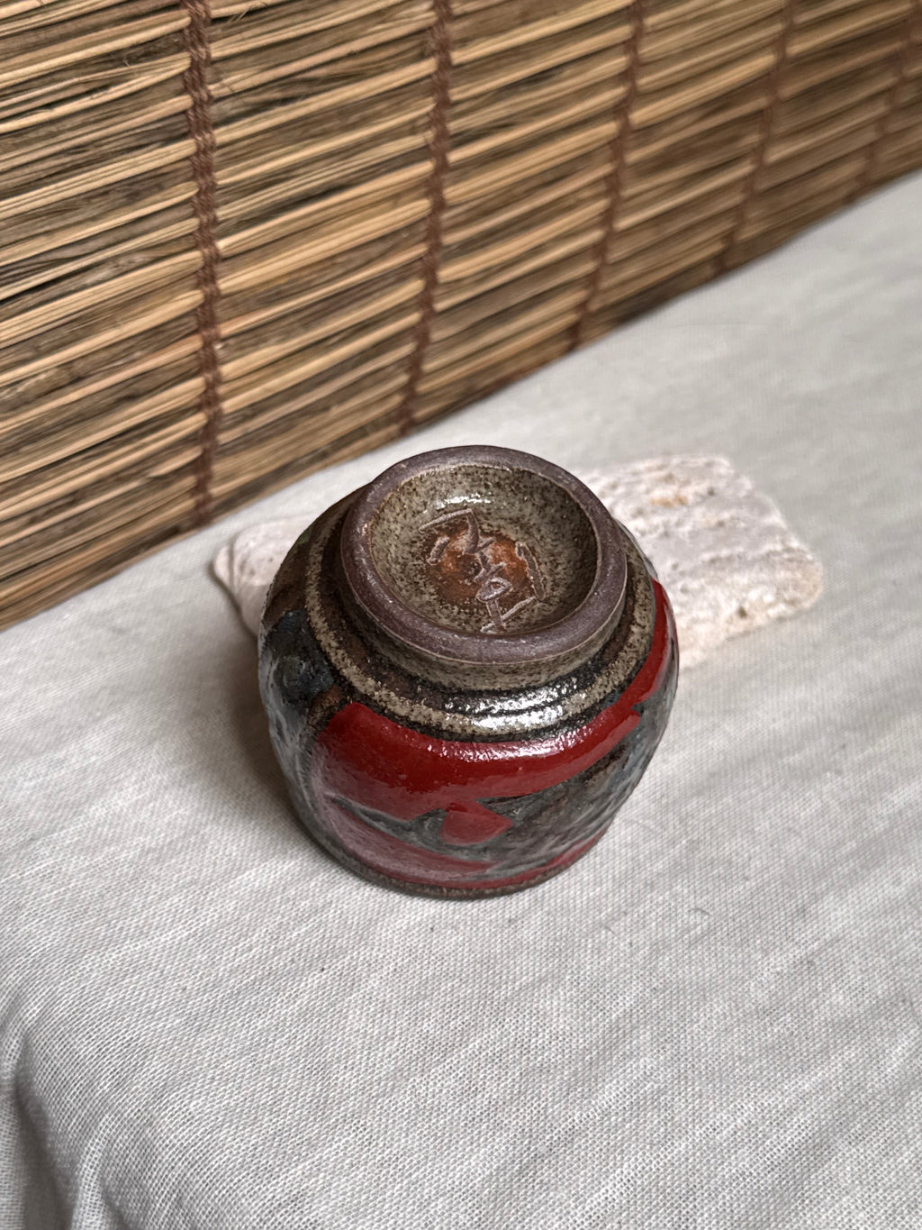 Tsuboya Ware by Kiyomasa Kobashigawa Sake/Tea Cup — Abstract Iron and Copper-Red Glaze, Ryukyu Art