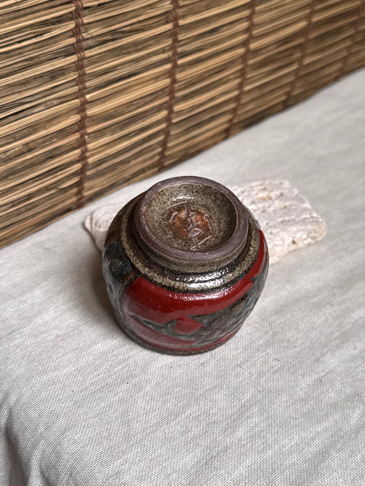 Tsuboya Ware by Kiyomasa Kobashigawa Sake/Tea Cup — Abstract Iron and Copper-Red Glaze, Ryukyu Art