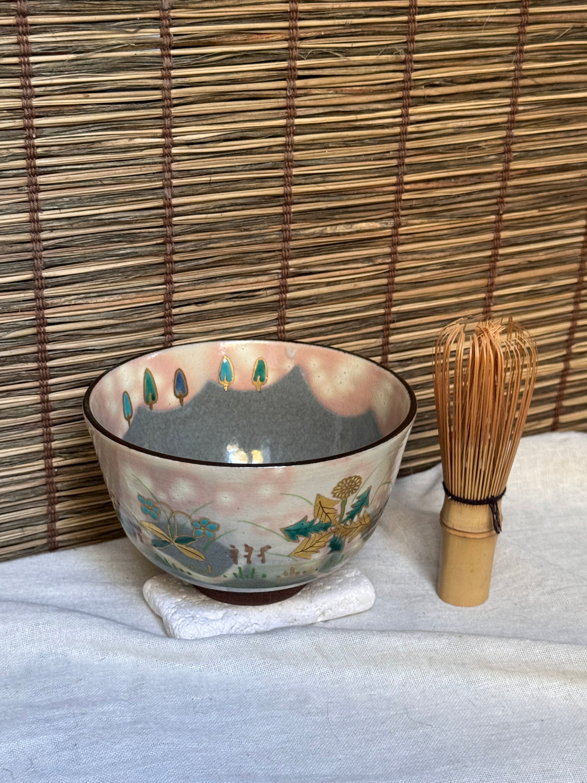 Kyoto Ware Matcha Chawan by Shōkoku (松谷) — Spring Fields in Raised Enamel and Gold, Signed Wooden Box