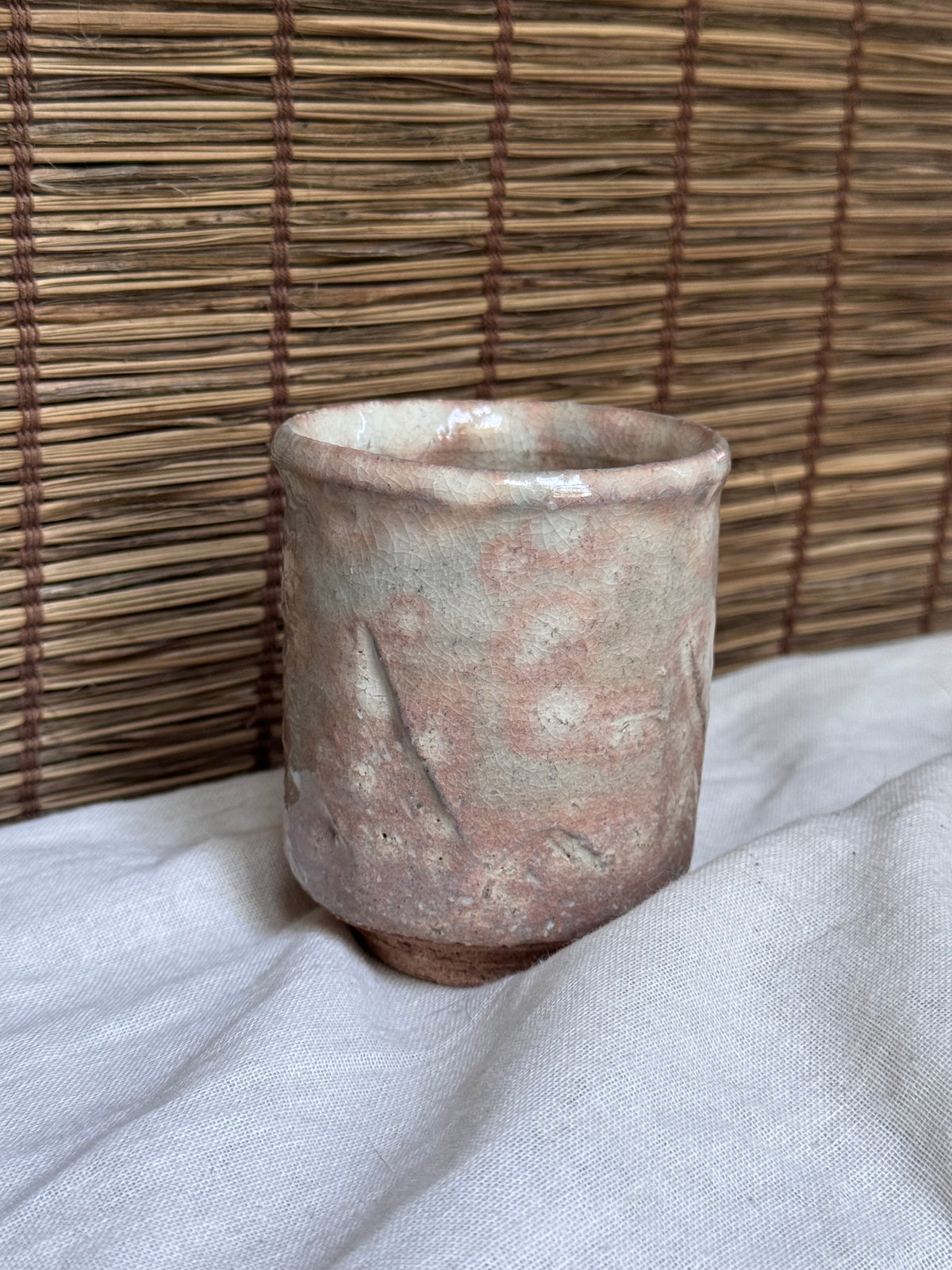 Hagi-yaki Blush Pink Ash Glaze Cup, Faceted Body, Unglazed Rim
