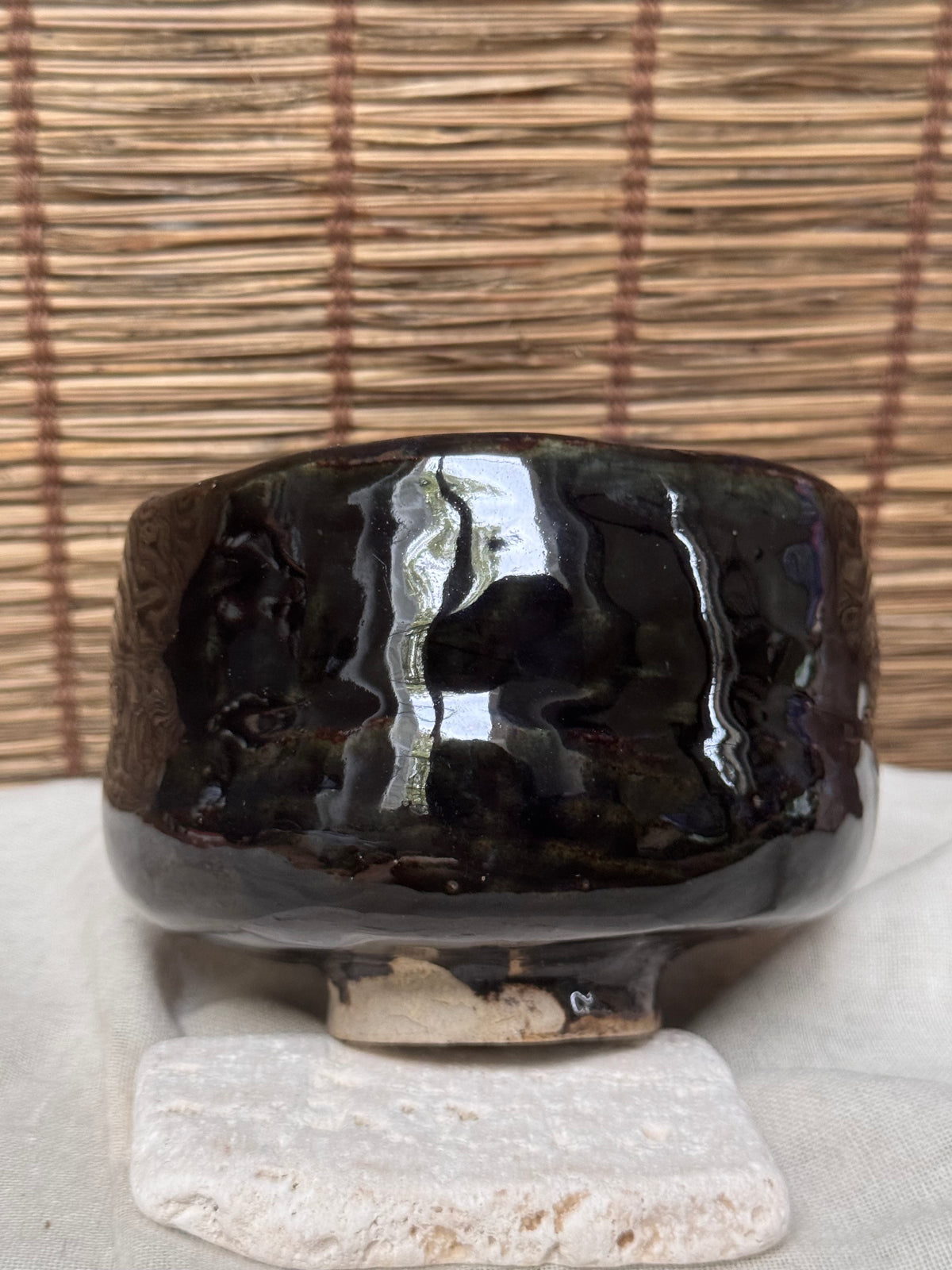 Black Glazed Matcha Chawan — Hand-Shaped Half-Cylinder Form, Glossy Iron Glaze