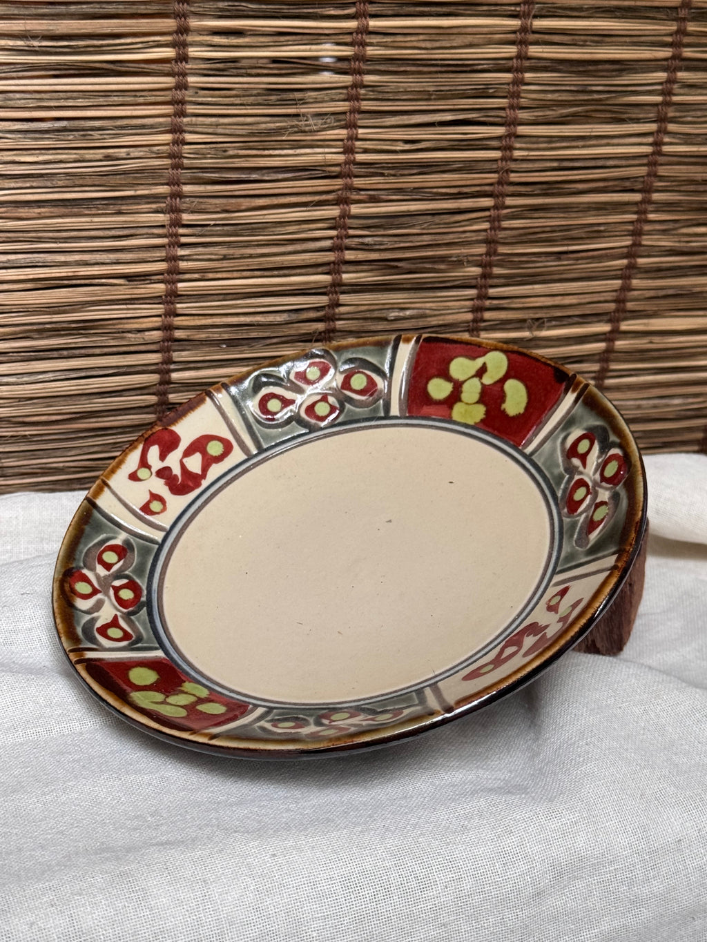 Yachimun Okinawan Pottery Plate — Hand-Painted Paneled Floral Design
