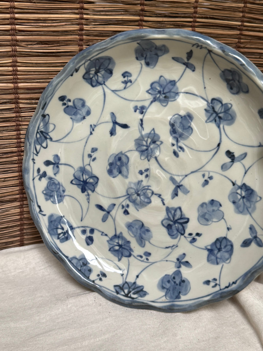 Japanese Sometsuke Blue & White Plate, Hand-Painted Floral, Scalloped Rim.