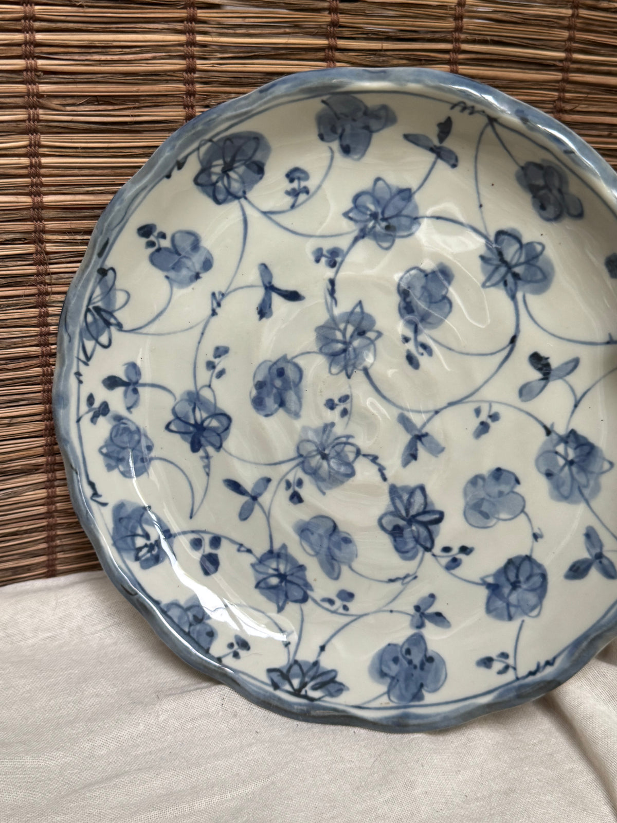 Japanese Sometsuke Blue & White Plate, Hand-Painted Floral, Scalloped Rim.