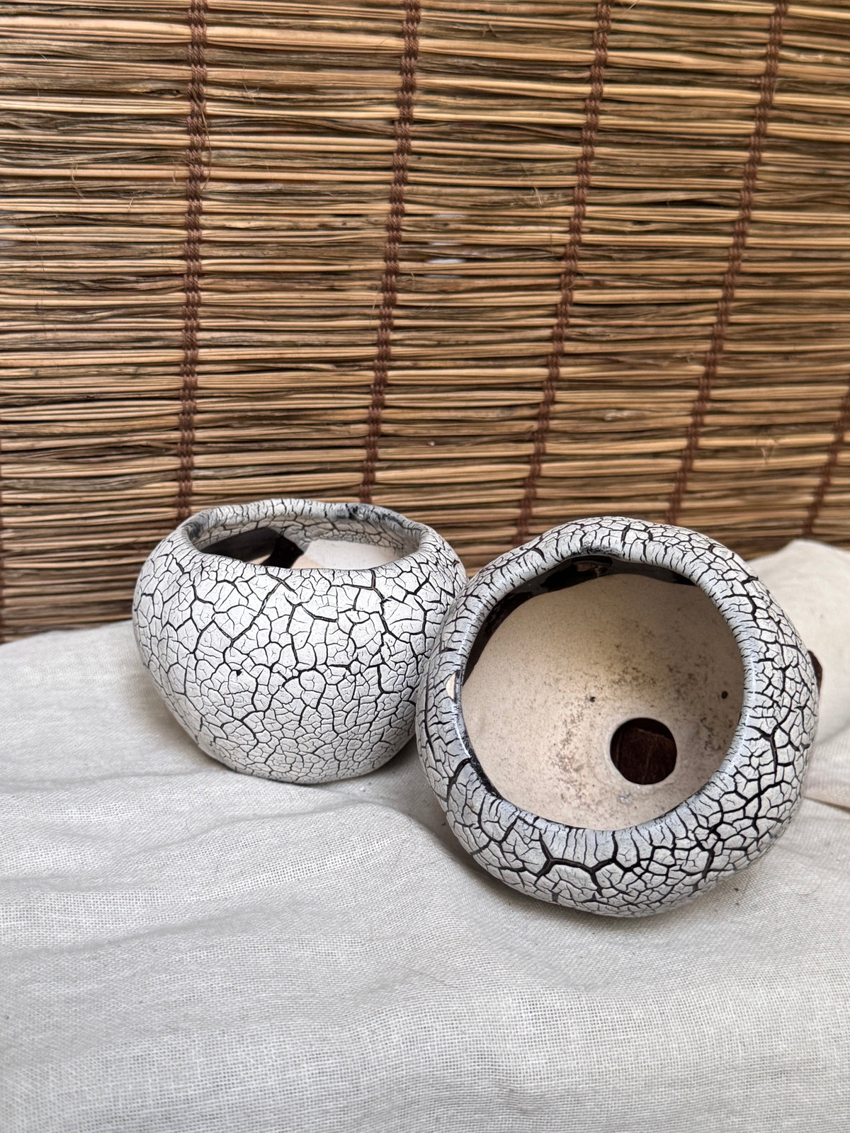 Japanese Crackle-Glaze Mini Plant Pots, Set of 2 — Round Ceramic Planters, Drainage Hole