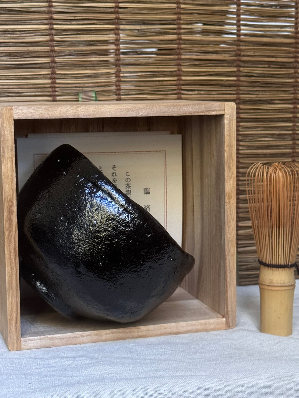 Kuro Raku Tea Bowl (Black Raku Chawan) — Hand-Formed with Spatula-Carved Facets, Wooden Box