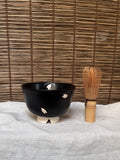 Seto-yaki by Yoshiki Sugiura Matcha Chawan — Black Glaze with Cut-Out Cherry Blossom Petals, Split Foot, Signed & Boxed