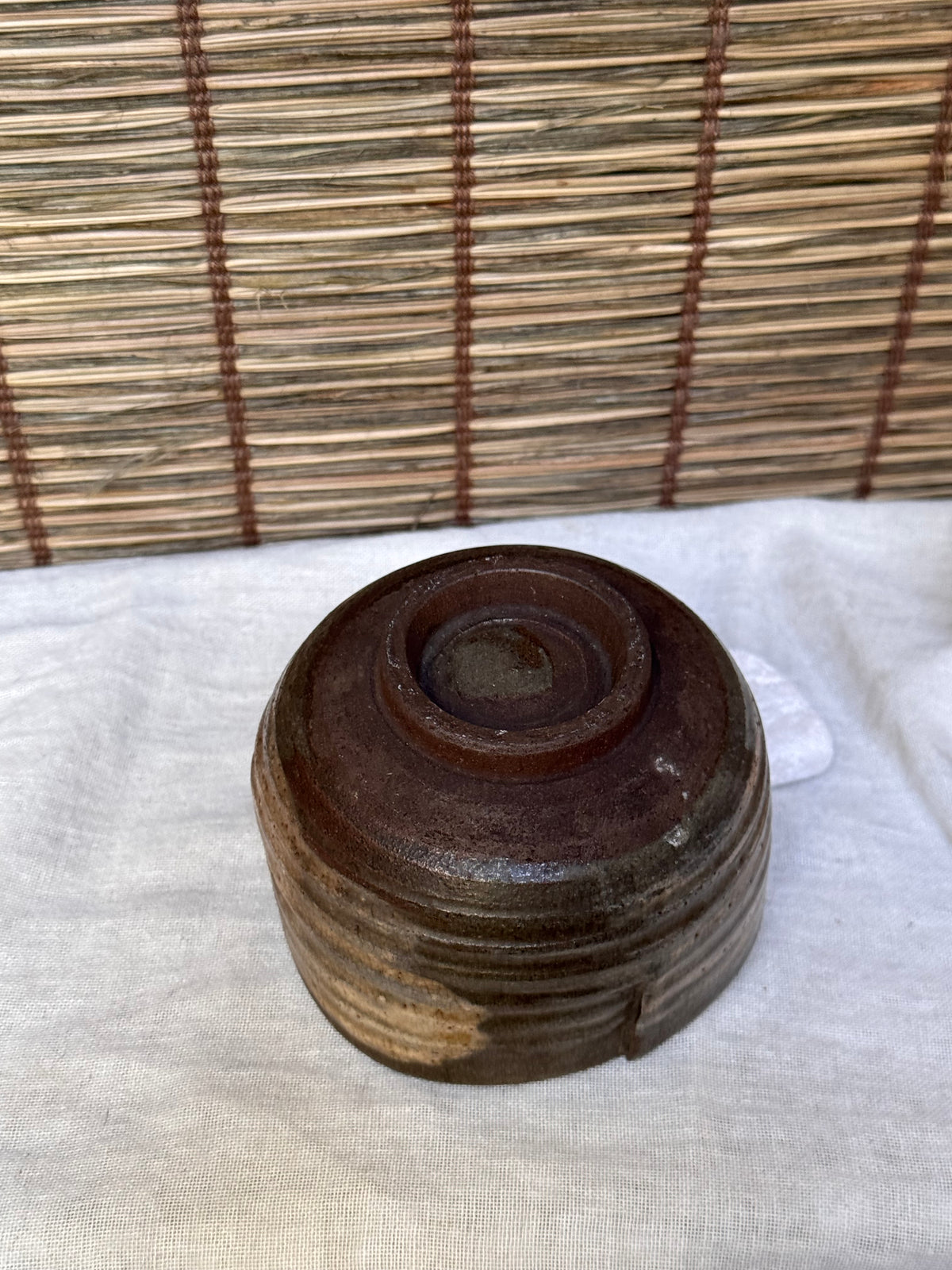 Mini Chawan — Iron Glaze with White Panels, Folded Rim