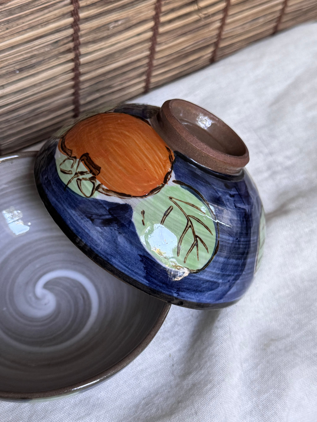 Mino-yaki Rice Bowls, Set of 2 — Hand-Painted Peony & Persimmon Motifs, Swirled Grey Glaze