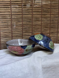 Mino-yaki Rice Bowls, Set of 2 — Hand-Painted Peony & Persimmon Motifs, Swirled Grey Glaze