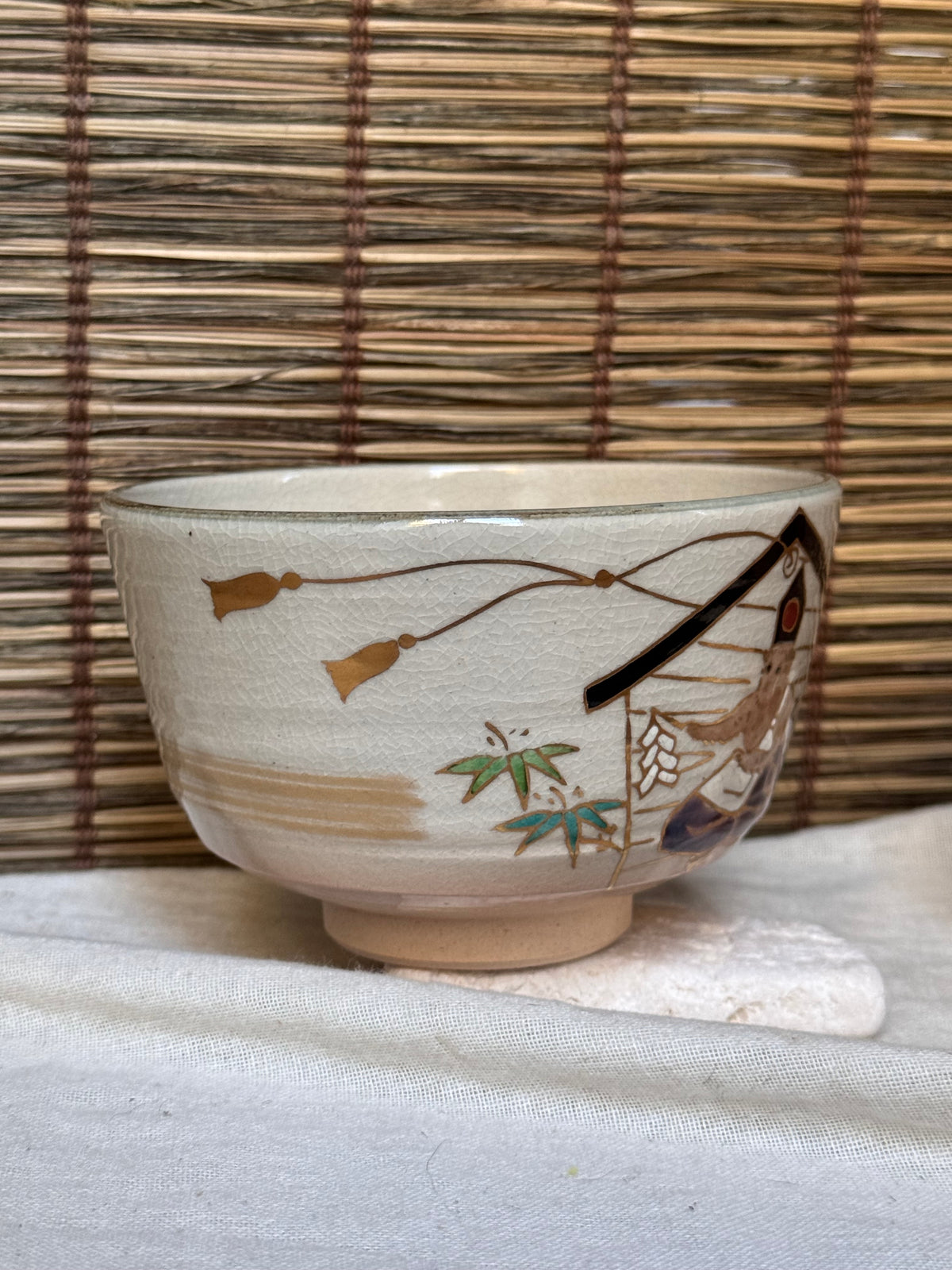 Kyoto Ware Zodiac Tea Bowl (Eto Chawan), Year of the Monkey — Monkey on an Ema with Pine, Bamboo and Plum