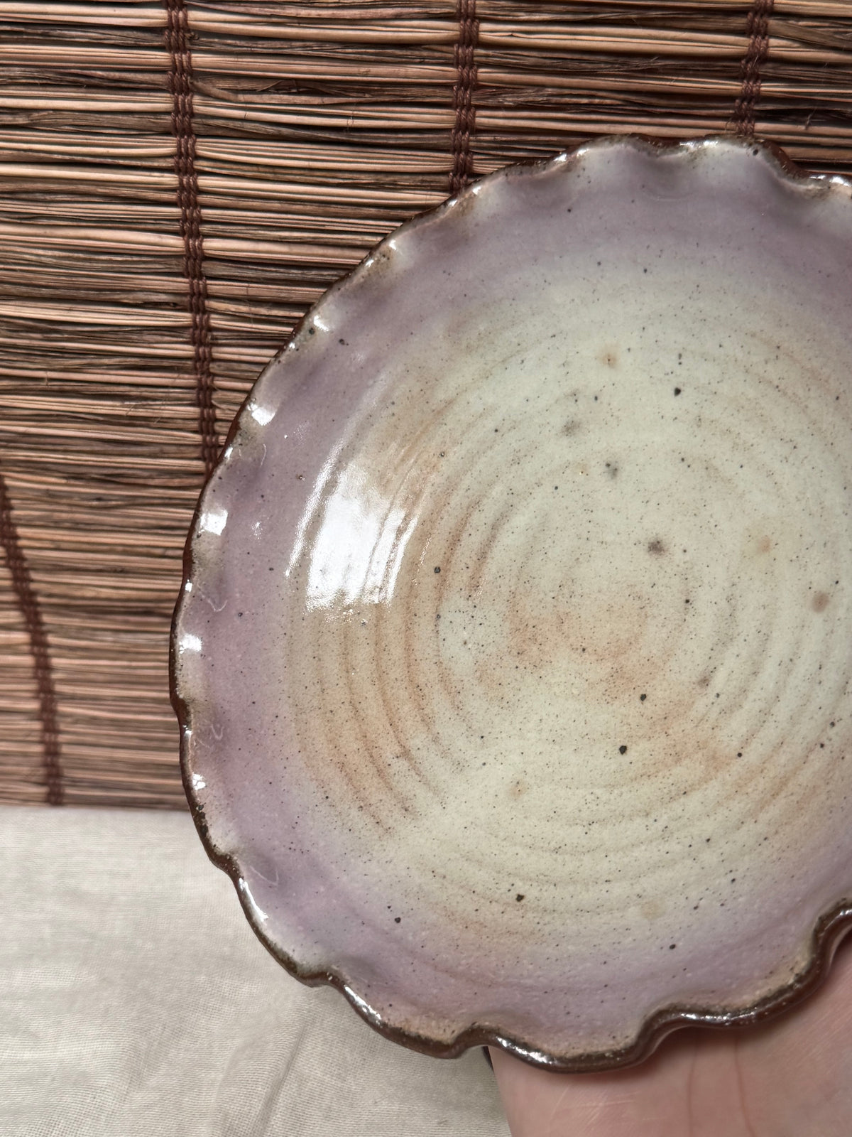 Lavender-Rimmed Scalloped Dishes, Pair — Spiral Throwing Rings, Iron-Brown Wave Edge