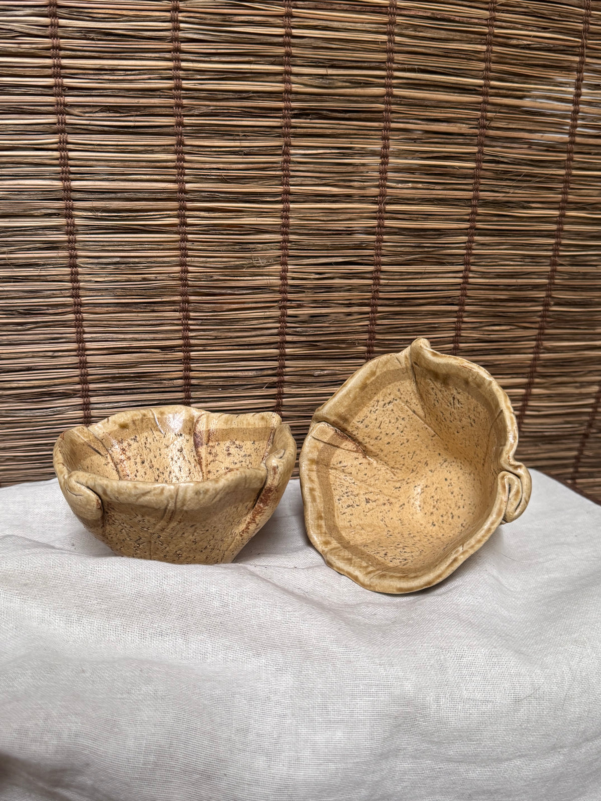 Hand-Built Leaf Bowls - Stamped Artisan Mark, Speckled Glaze, Set of 2