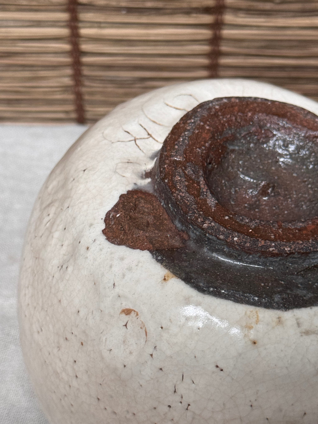 Shino Matcha Chawan — White Feldspar Glaze, Pinholed "Citron Skin" Surface