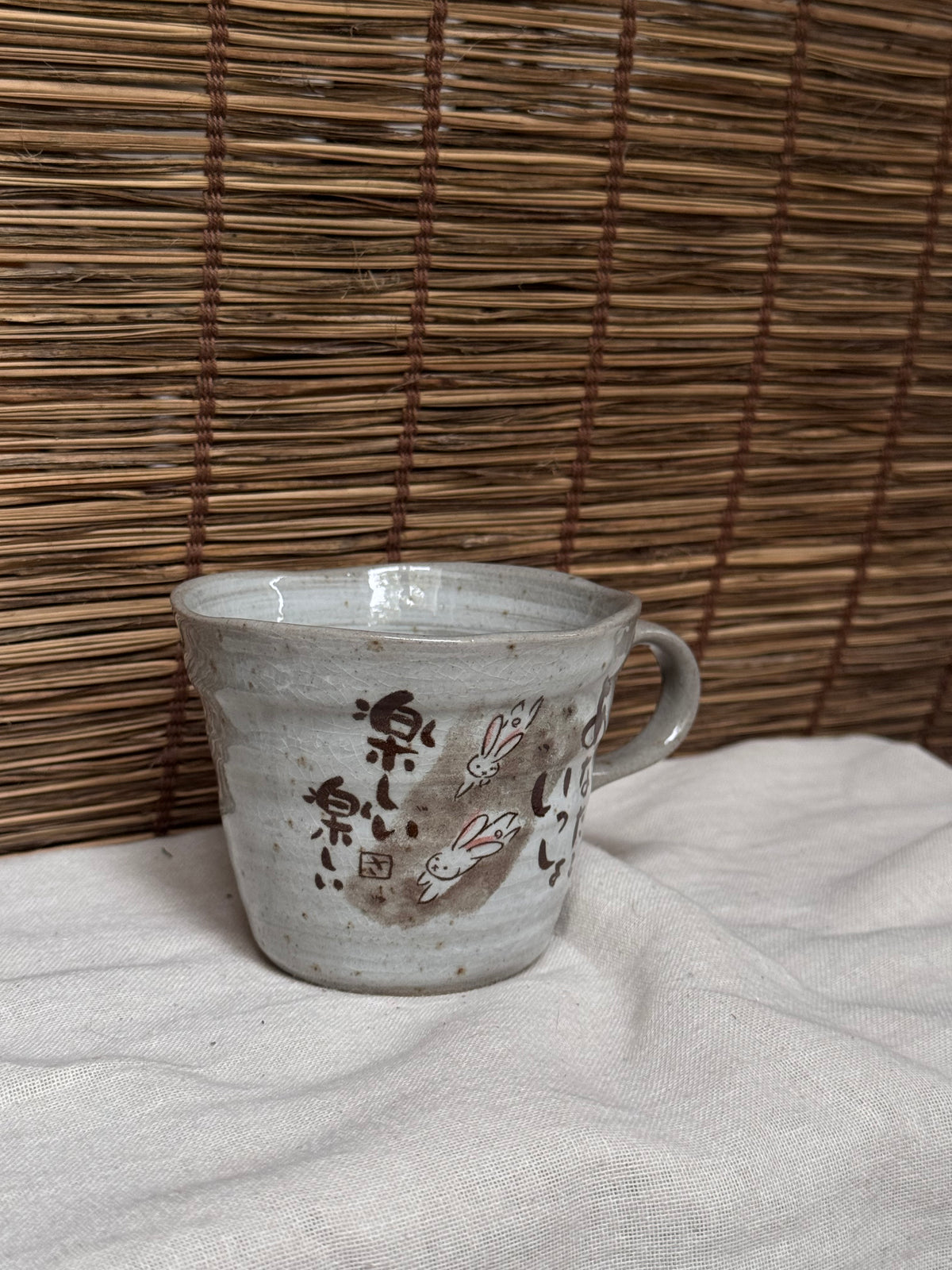 Mino-Yaki Rabbit Mug, Hand-Painted “Fun Together” Message, Crackle Glaze