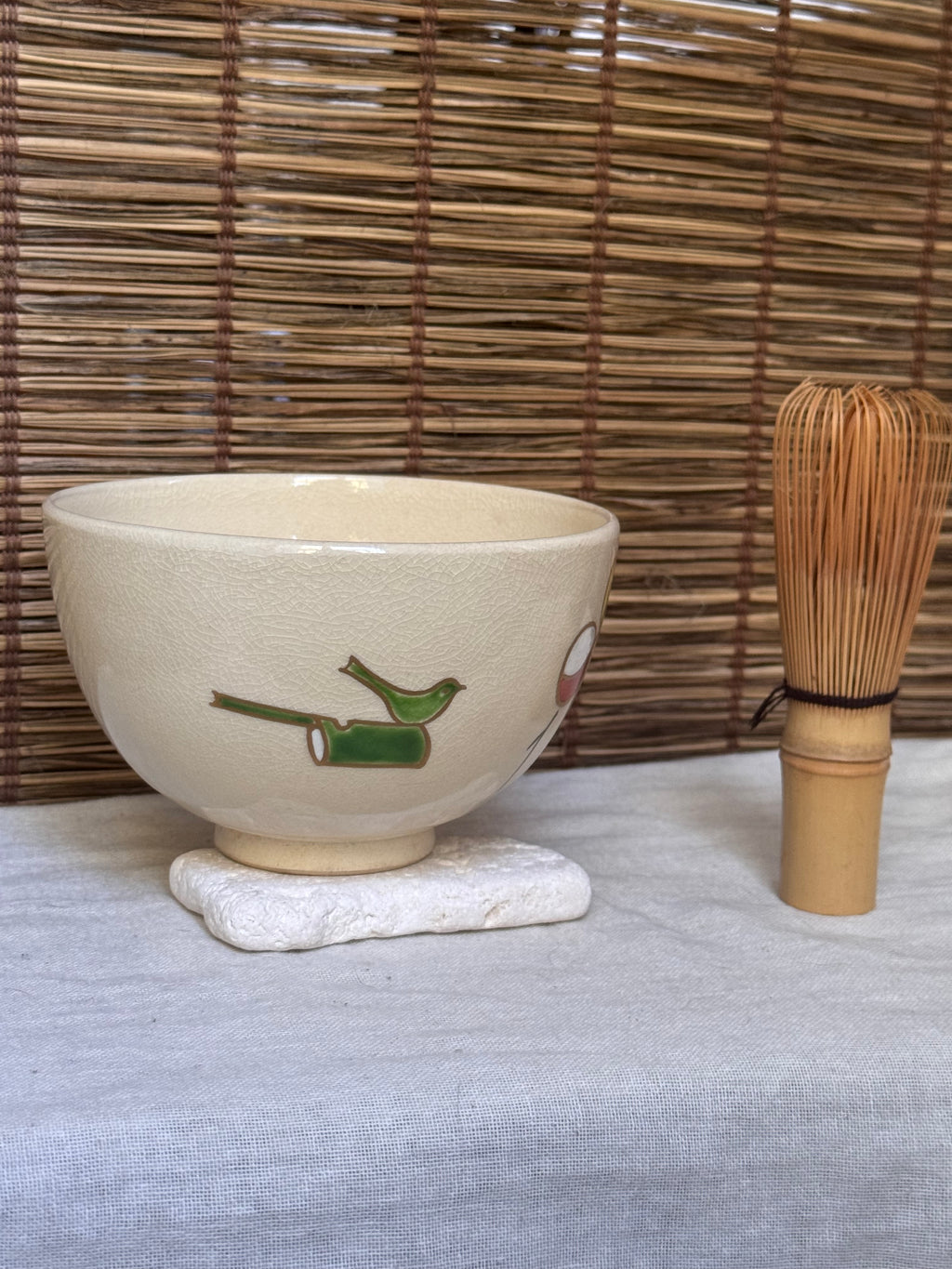 Kyoto Ware Matcha Bowl (Chawan) — New Year Mayudama & Uguisu-bue Motif, Iro-e Enamels