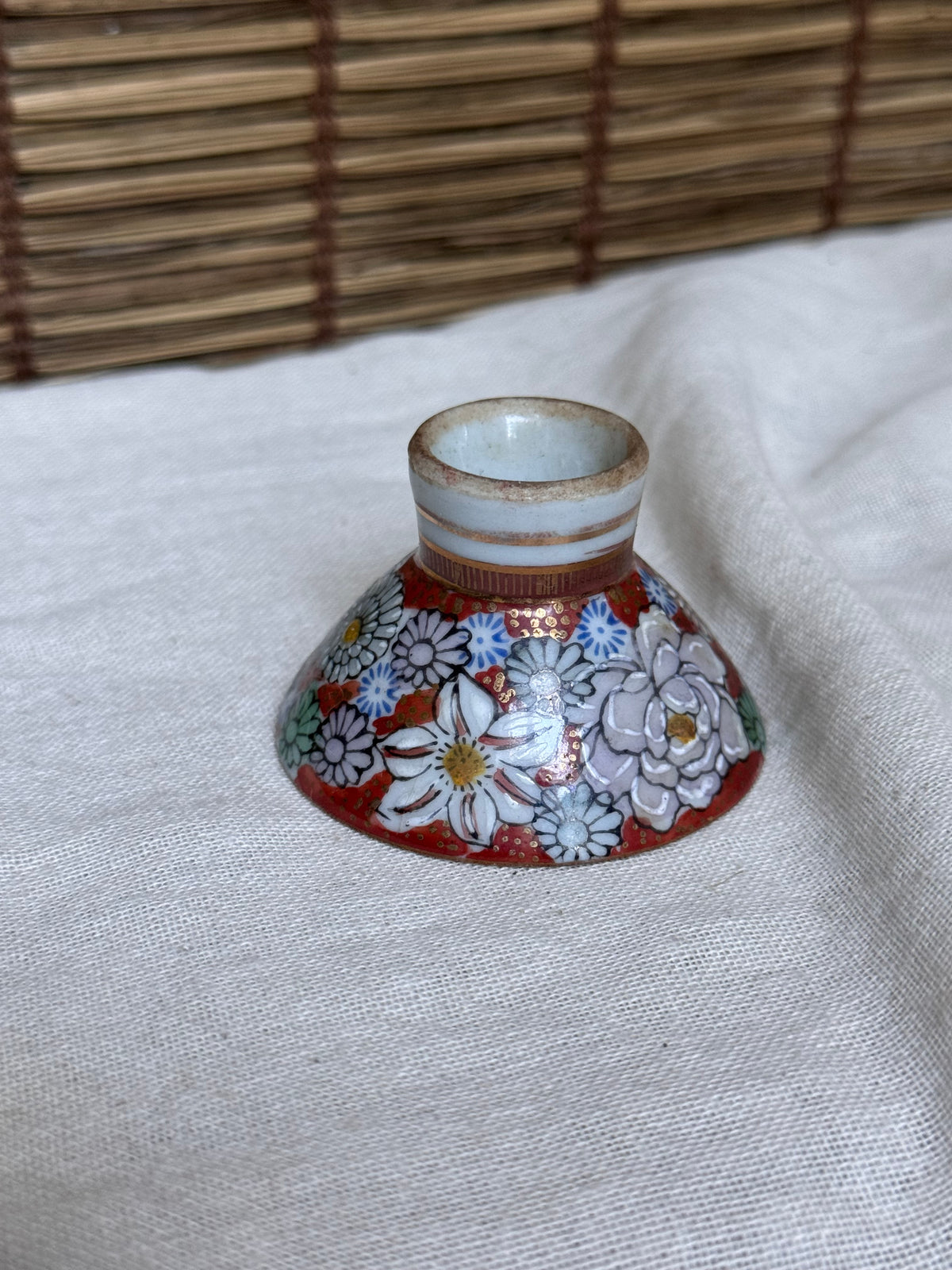 Antique Japanese Kutani Ware Footed Sake Cup — Kiku (Chrysanthemum) Thousand-Flower Design, Signed Base