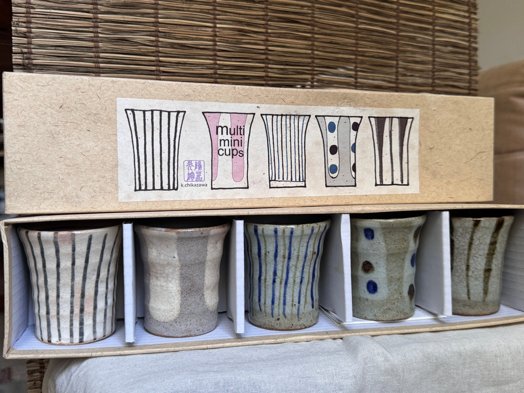Multi Cups by K. Chikazawa — Boxed Set of 5 Hand-Thrown Yunomi, Mismatched Glaze Designs