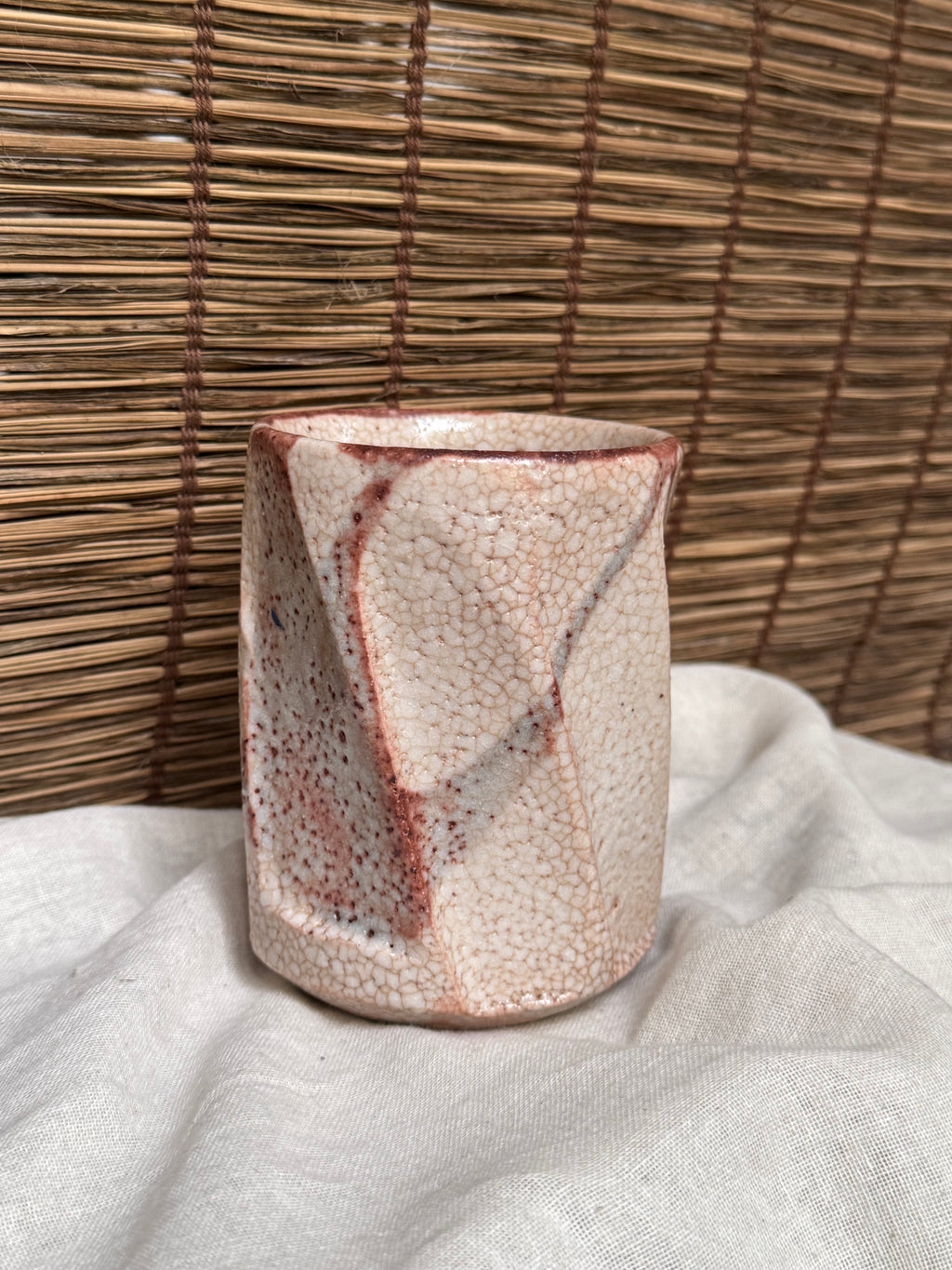 Shino-Yaki Faceted Yunomi Cup, Blush Pink Ash Glaze