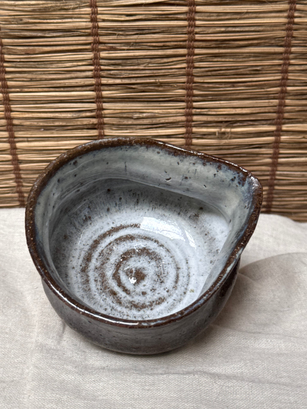 Matcha Chawan (Small)— Blue-White Opalescent Glaze, Iron Clay, Pinched Triangular Rim