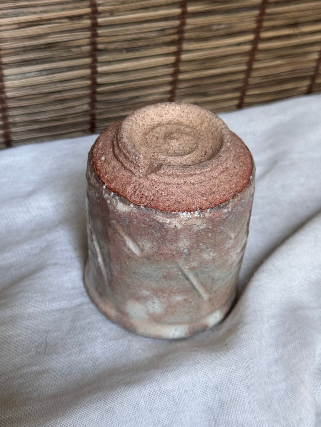 Hagi-yaki Blush Pink Ash Glaze Cup, Faceted Body, Unglazed Rim