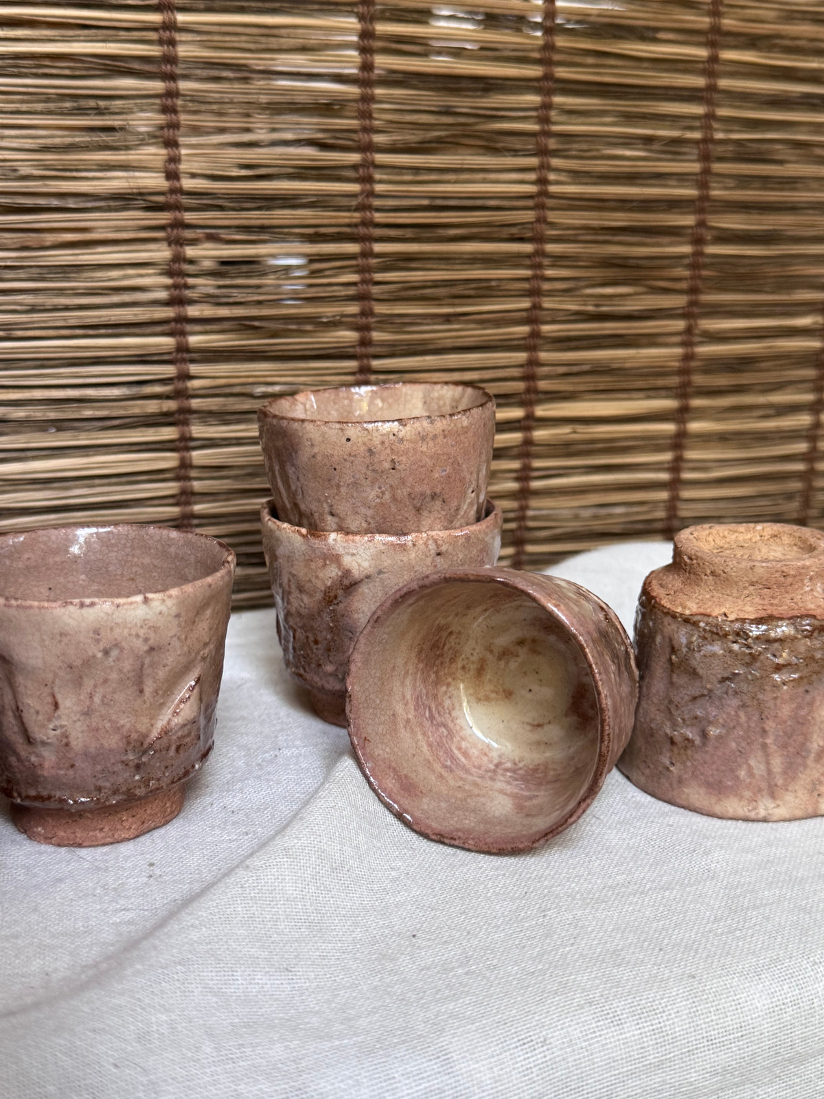 Hagi-yaki Sake Cups, Set of 6 — Blush Pink Ash Glaze, Hand-Built, Unglazed Rim & Foot