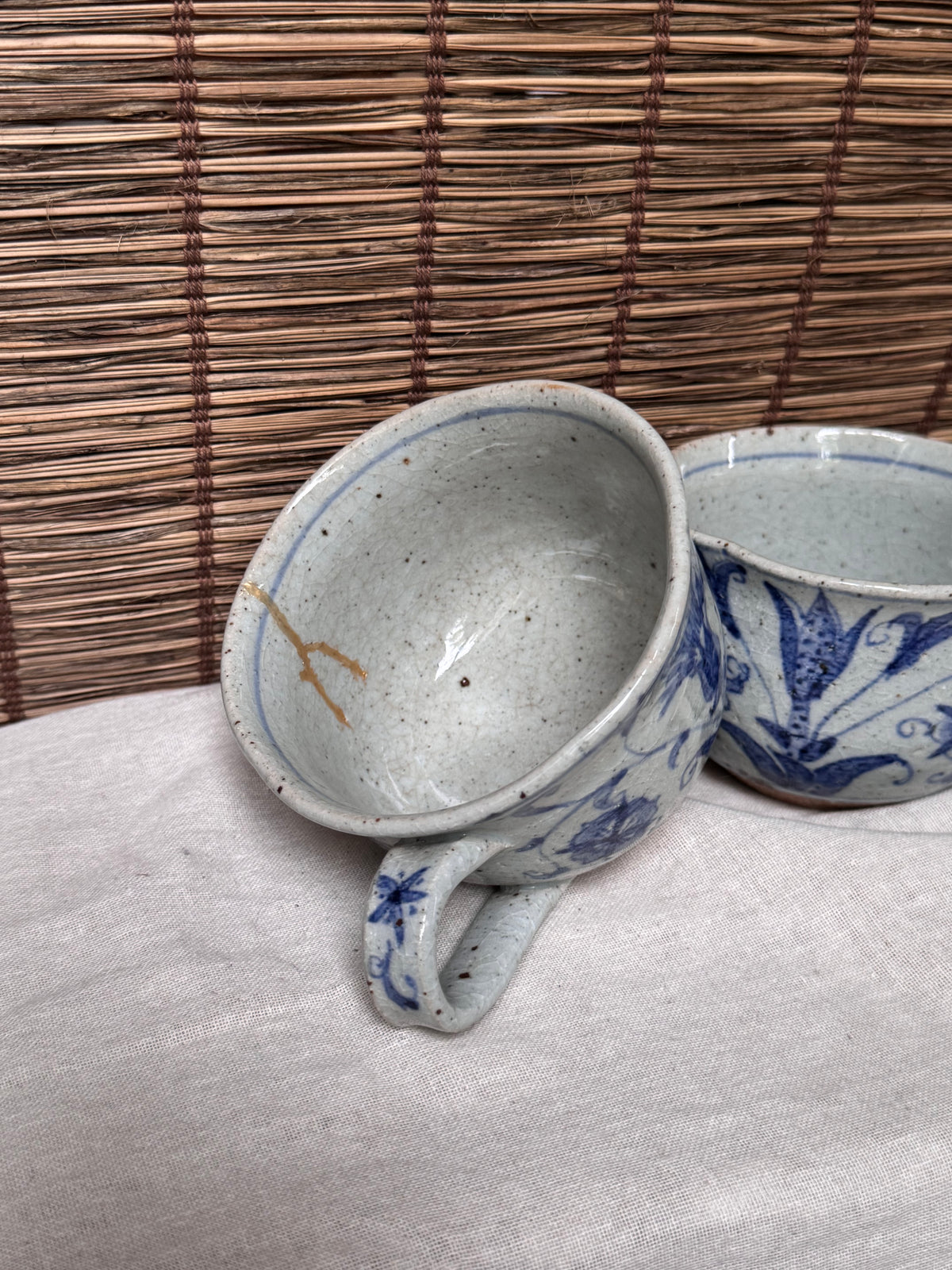 Japanese Blue and White Sometsuke Teacup Mugs, Hand-Painted Floral Design, Set of Two