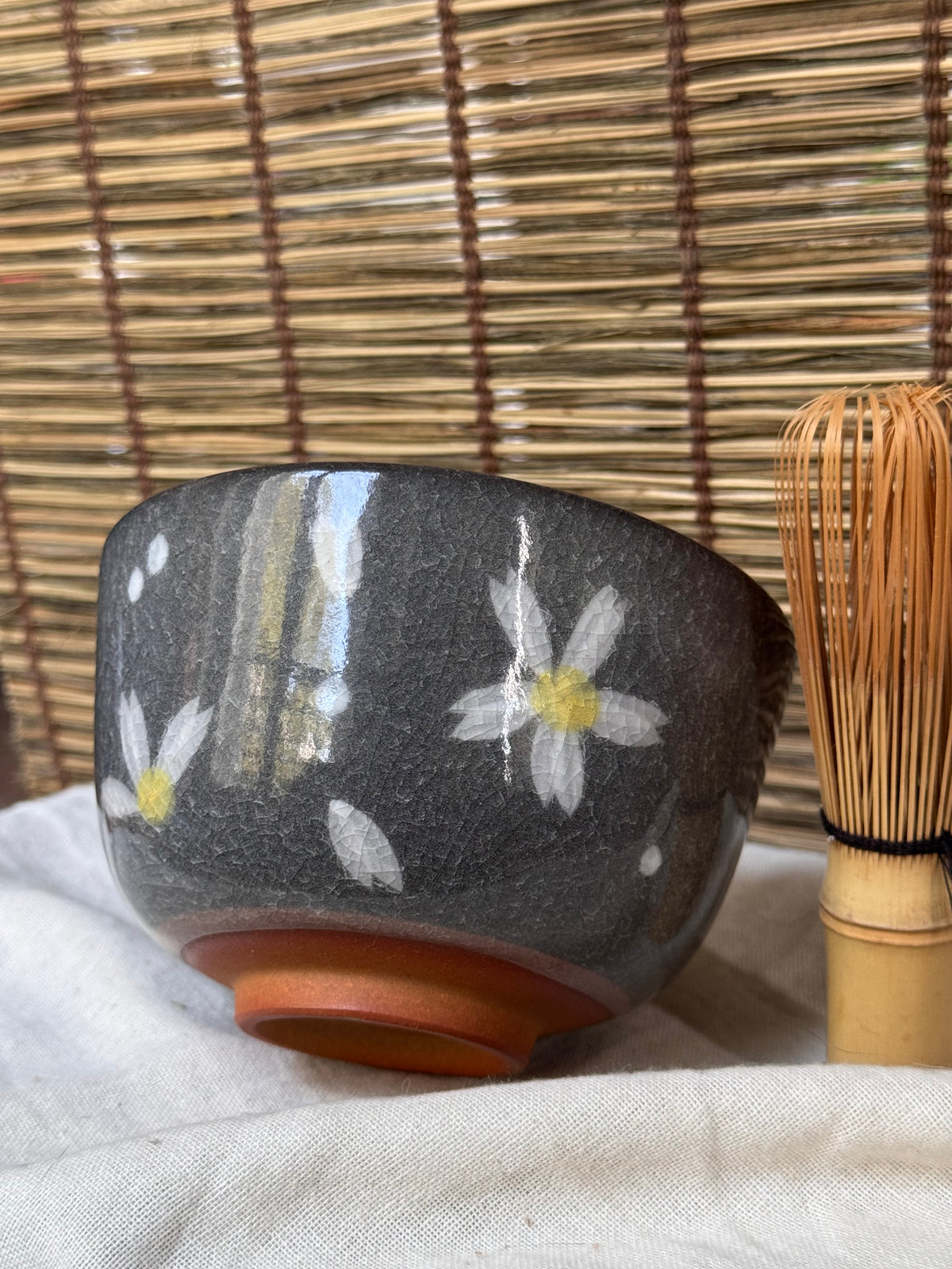 Celadon Matcha Bowl (Chawan) — Sakura Blossoms, Grey Crackle Glaze, Pink Interior