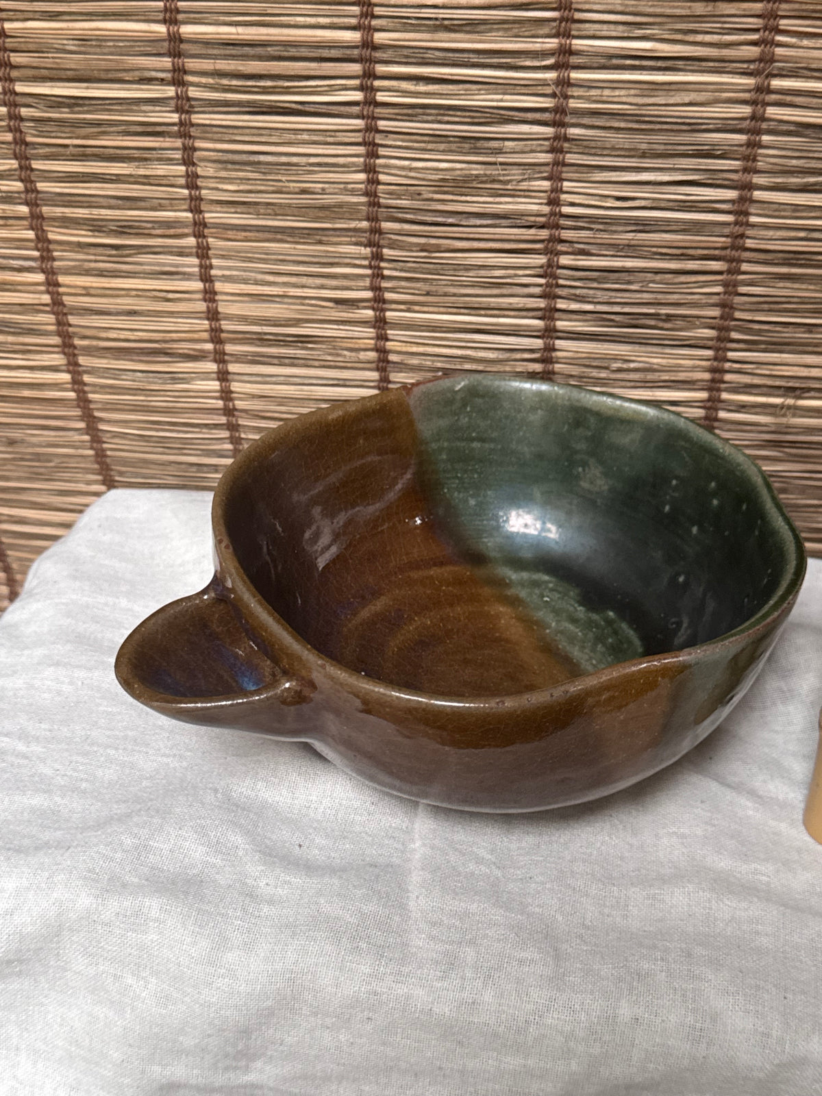 Katakuchi Matcha Bowl — Amber and Green Split Glaze, Blue Opalescence, Impressed Seal