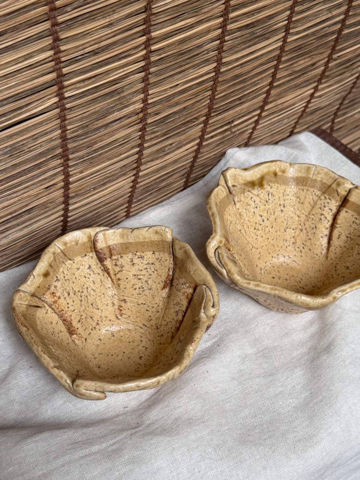 Hand-Built Leaf Bowls - Stamped Artisan Mark, Speckled Glaze, Set of 2