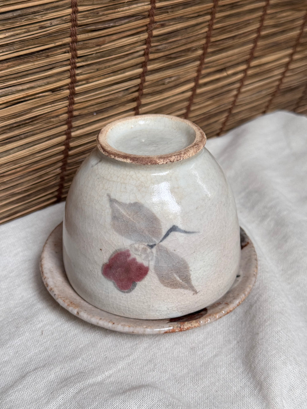 Kutani-Style Hand-Painted Camellia Teacup and Saucer Set, Crackle Glaze