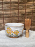 Kiyomizu Kyo-yaki Matcha Chawan by Ryoji — Hand-Painted Rapeseed Flower Design, Original Box