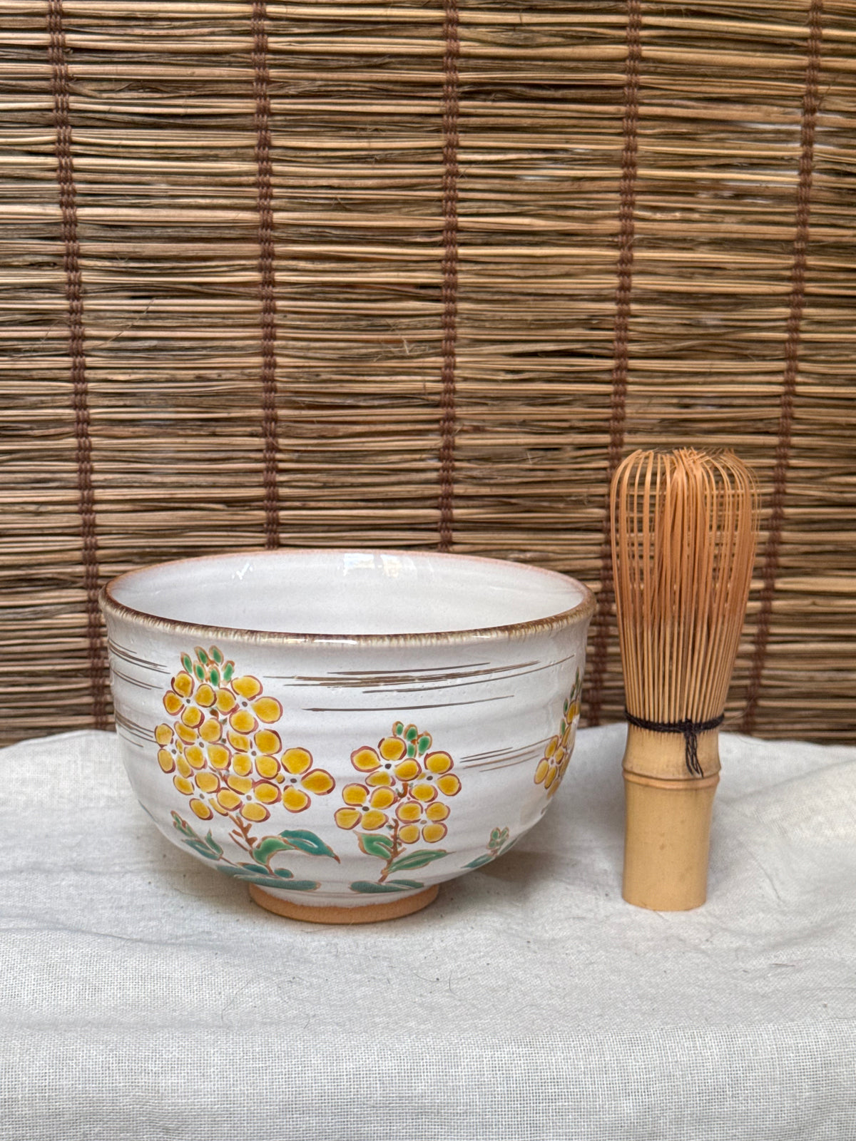 Kiyomizu Kyo-yaki Matcha Chawan by Ryoji — Hand-Painted Rapeseed Flower Design, Original Box
