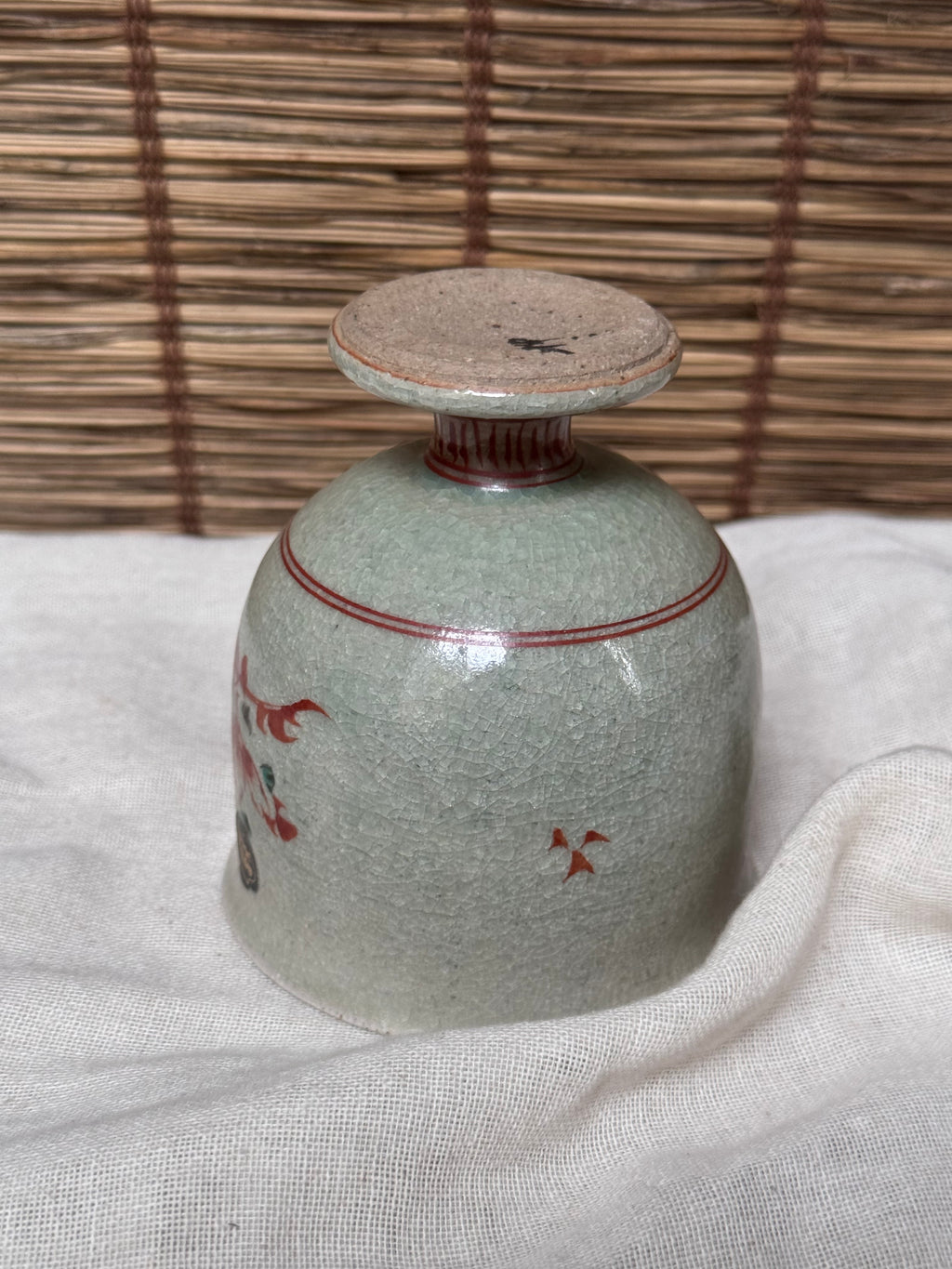 Footed Celadon Cup — Iron-Red Floral Spray, Crackle Glaze