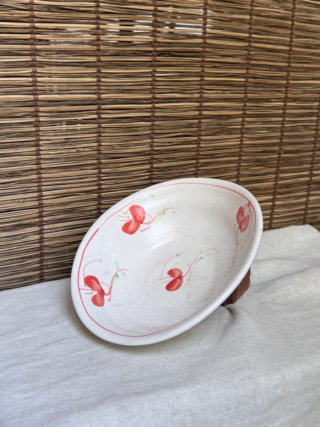 Boat-Shaped Serving Bowl — Hand-Painted Red Blossom Motif, Cream Crackle Glaze