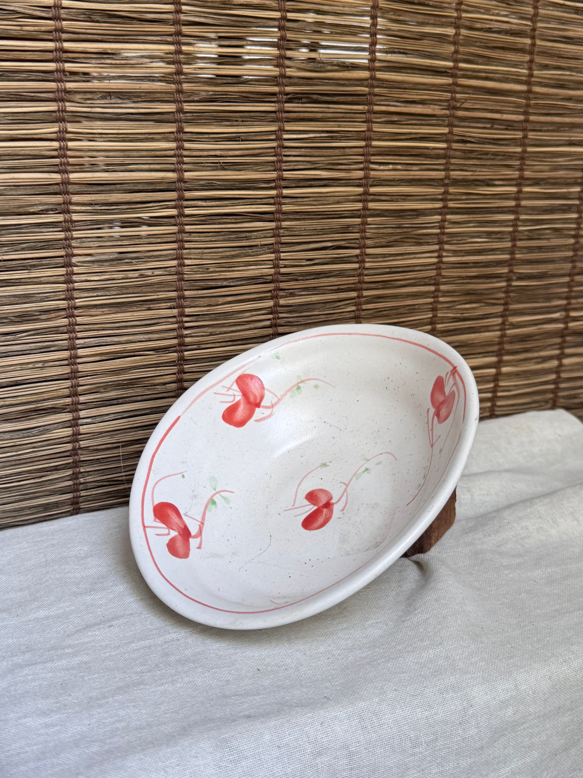 Boat-Shaped Serving Bowl — Hand-Painted Red Blossom Motif, Cream Crackle Glaze