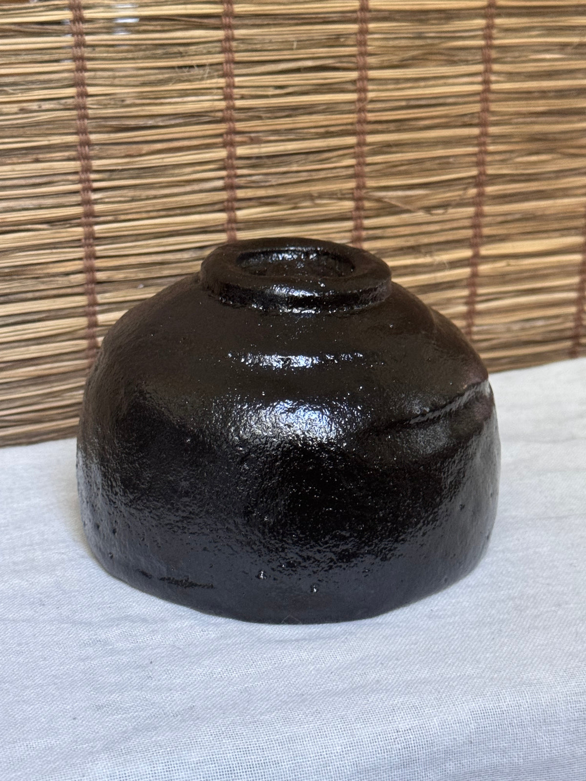 Kuro Raku Tea Bowl (Black Raku Chawan) — Hand-Formed with Spatula-Carved Facets, Wooden Box