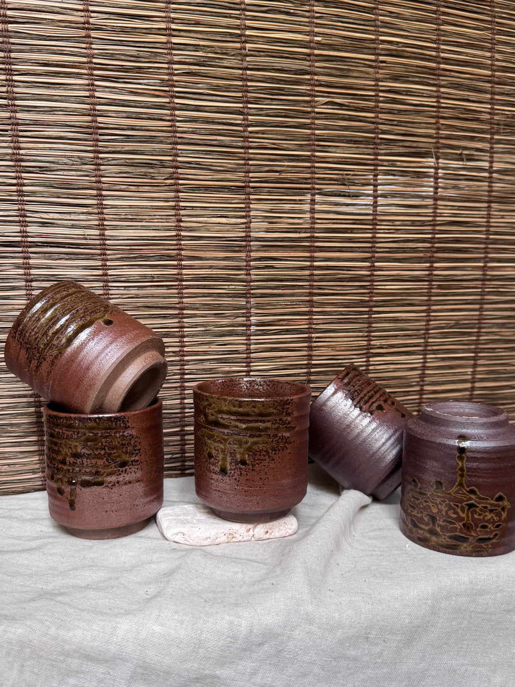Tamba Ware Teacups (Yunomi), Set of 5 — Olive Ash Glaze Drips, Original Box